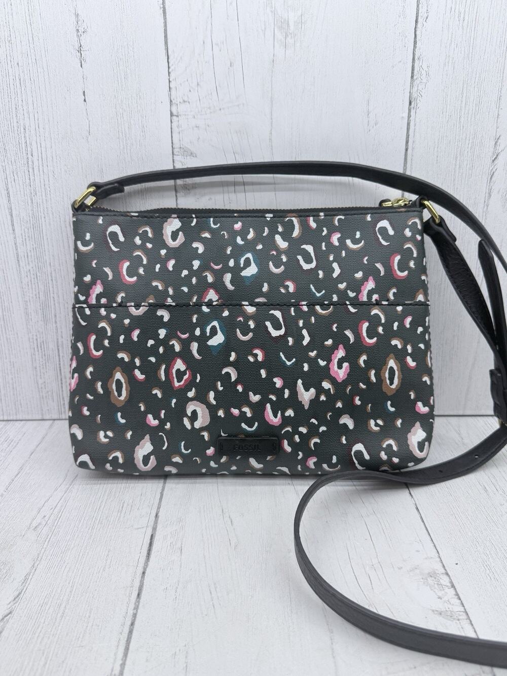 Fossil Fiona Small Crossbody Bag Purse Green Black Leopard Print Canvas